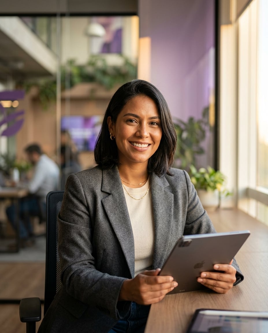 Profesional latina sonriendo en un entorno moderno de oficina con tablet, representando el éxito académico de INNOVA